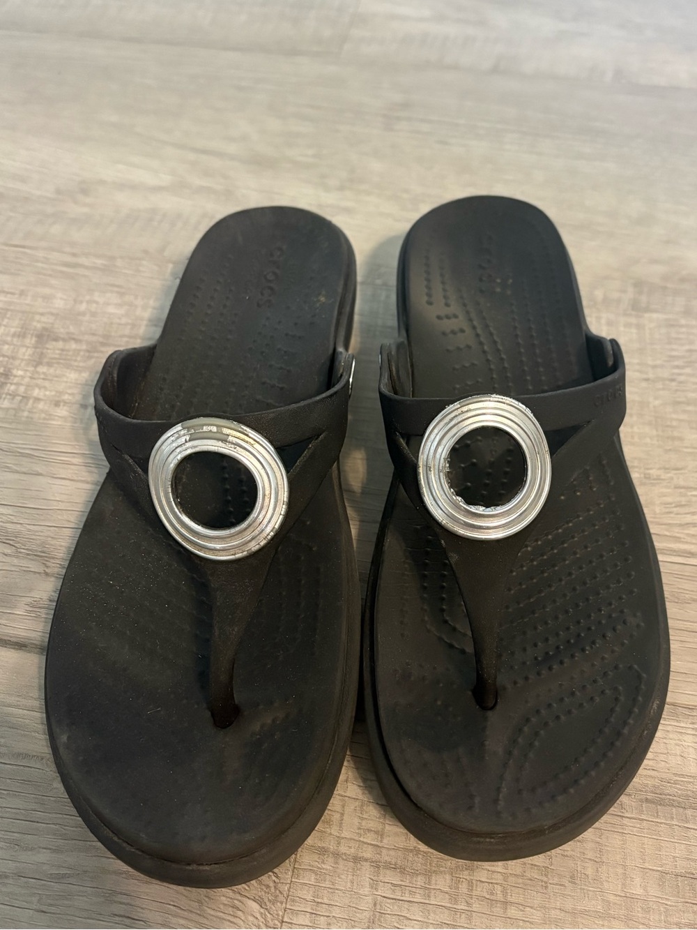 CROCS Women's Black Thong Sandals with Silver Ring Detail